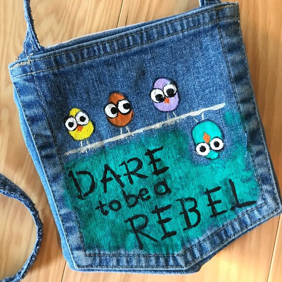 Crossbody Jean Purse: Handmade Over Shoulder Cell Phone Bag, Whimsical Birds - Picture 4 of 11